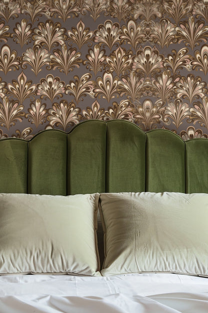 Side angle of a room wall covered with Marbled Echelon wallpaper illustrating pattern repetition.