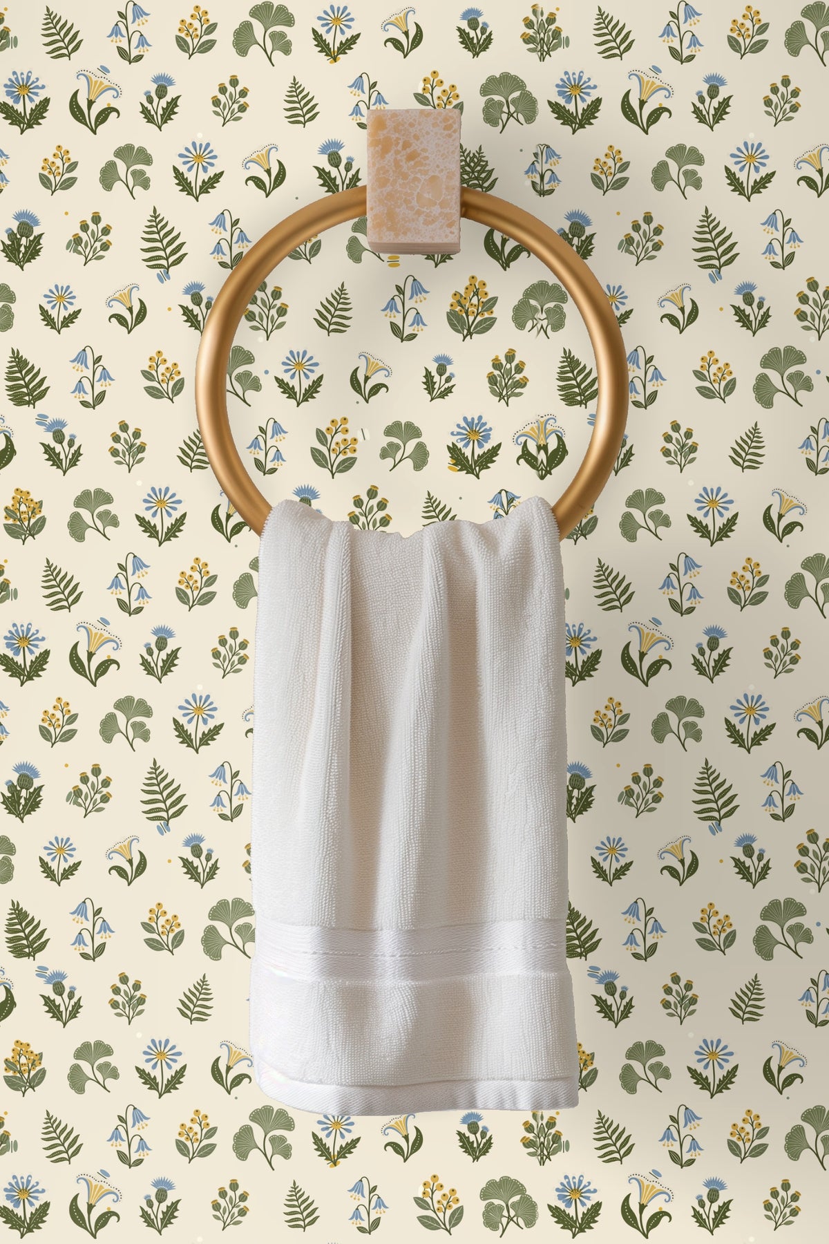 Pattern repeat showing varied botanical elements in a balanced layout