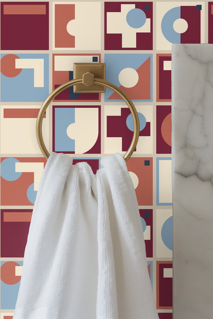 Stylish room corner highlighting the wallpaper's dynamic grid of geometric shapes in calming and rich hues.