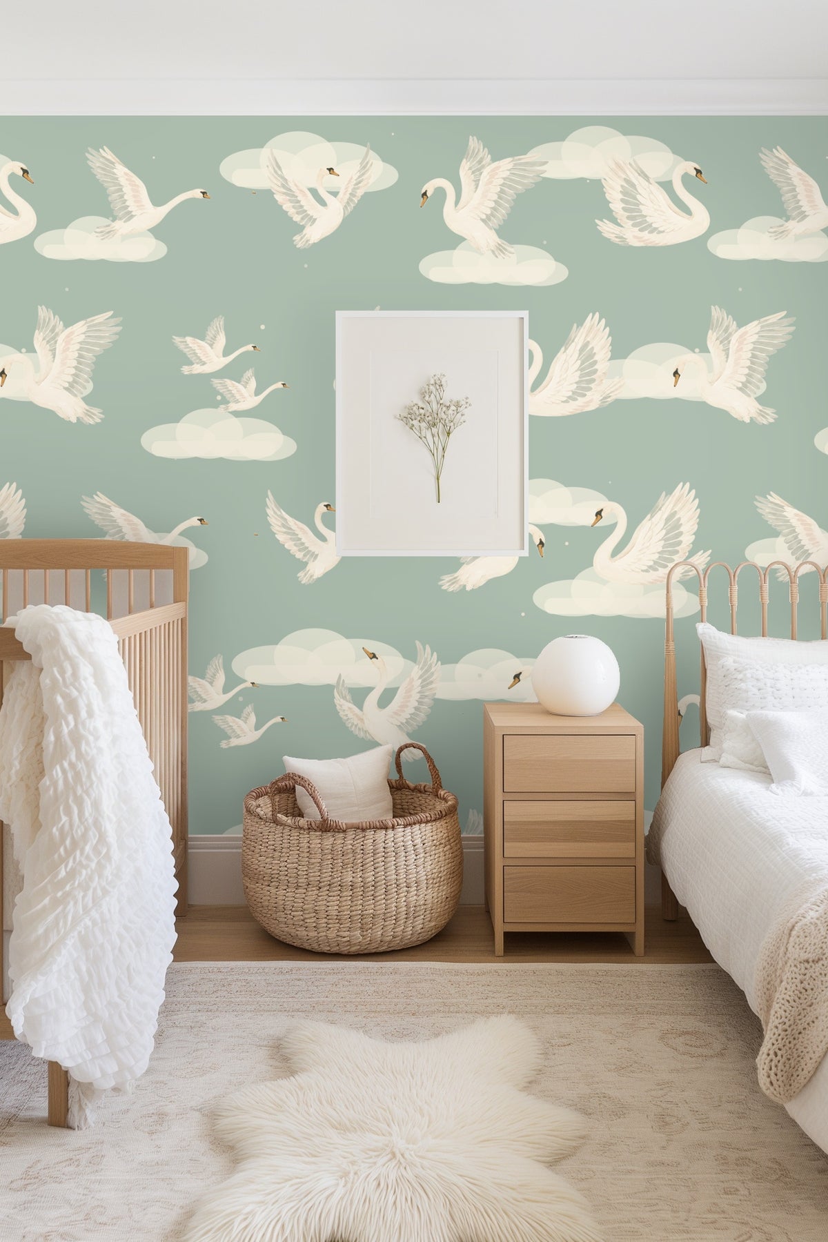 Swans in flight and on clouds pattern stretch across wall