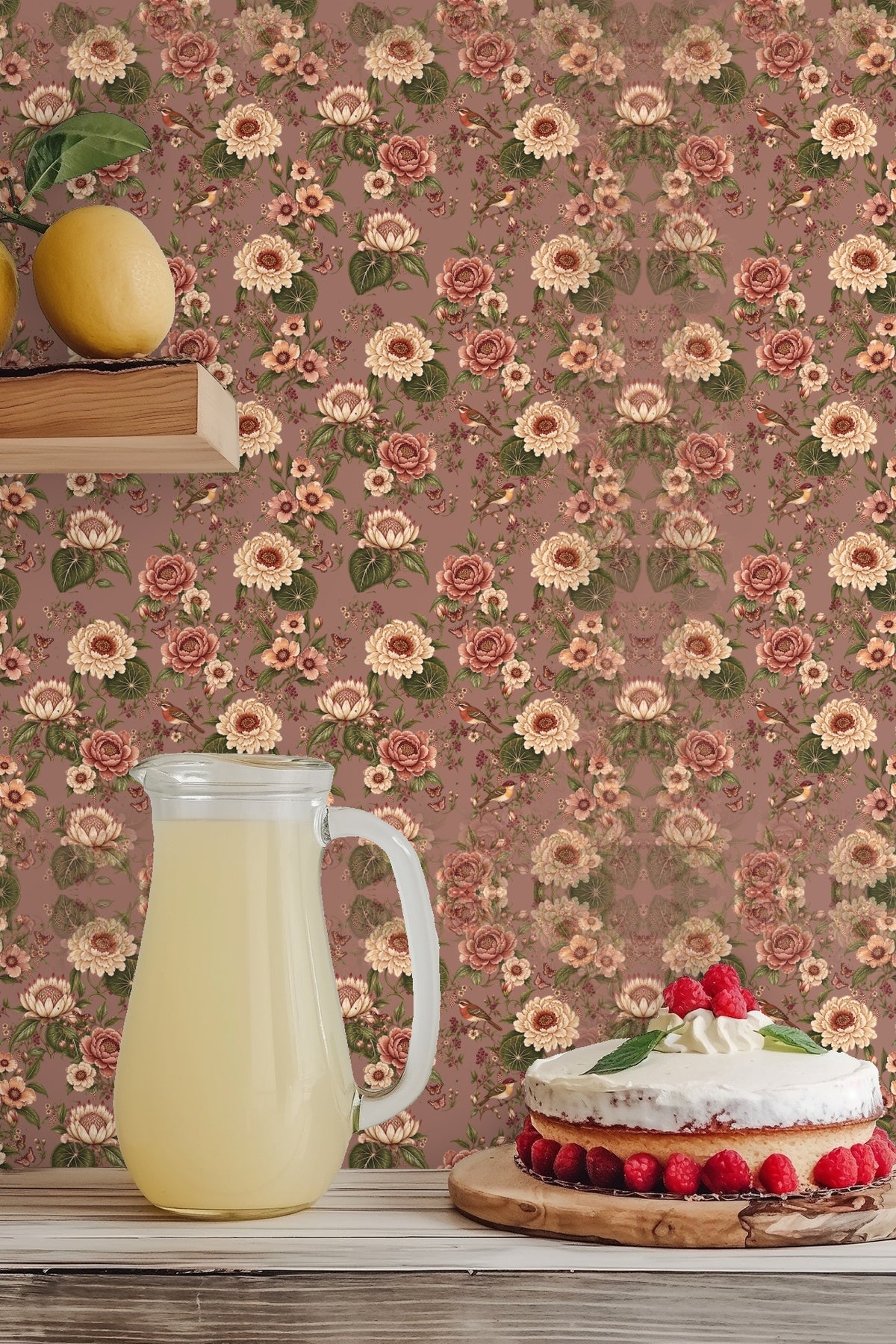 Pattern repeat showing the floral clusters with realistic shading on matte dusty mauve.