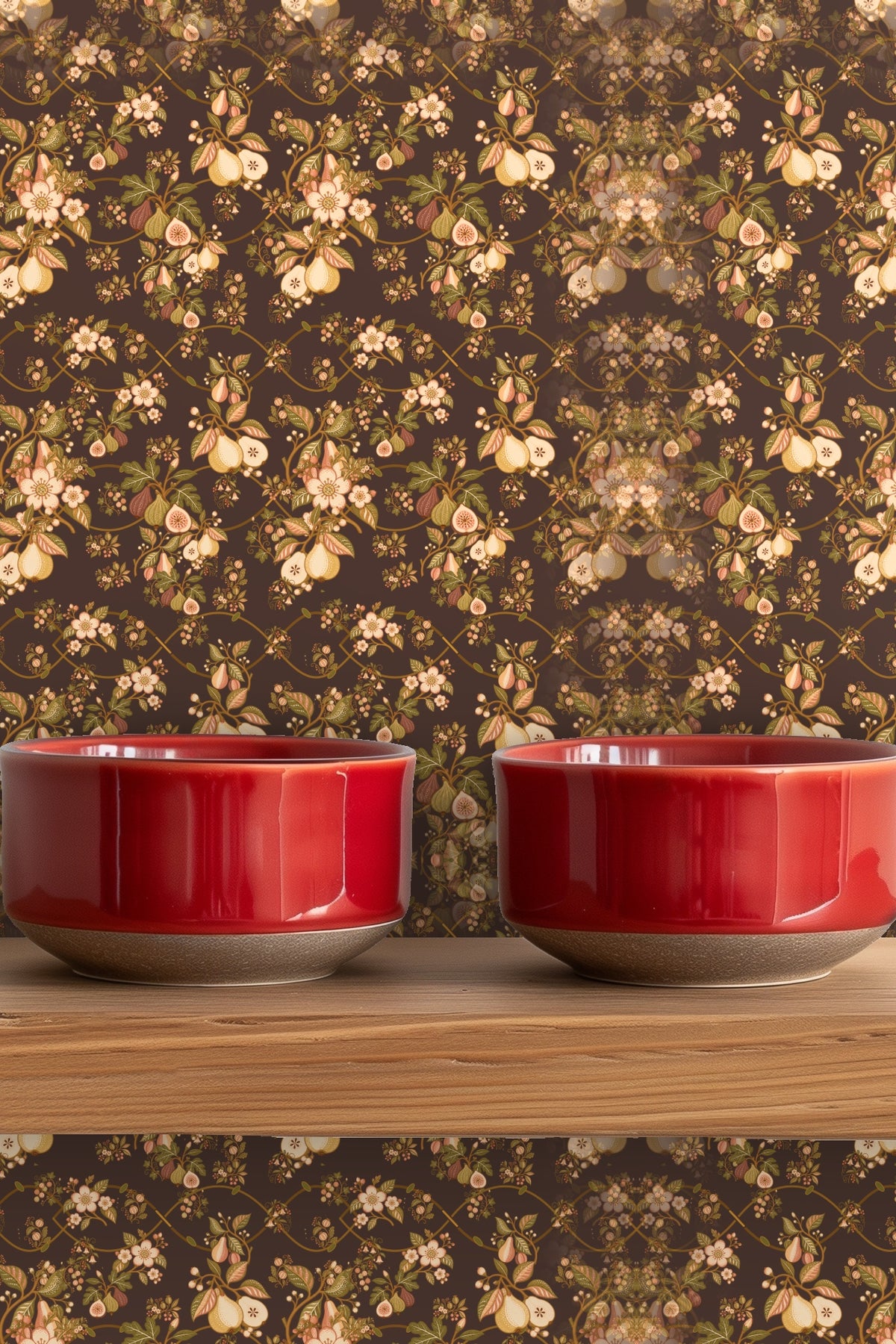 Close-up of Veridian Orchard wallpaper texture and intricate botanical elements