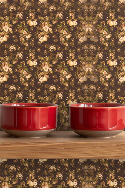 Close-up of Veridian Orchard wallpaper texture and intricate botanical elements