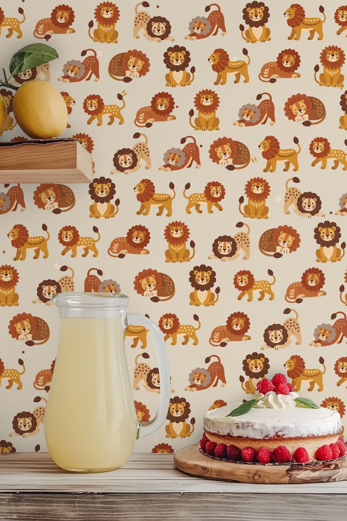 Calm sleeping lions depicted in warm earth tones forming a repeating pattern