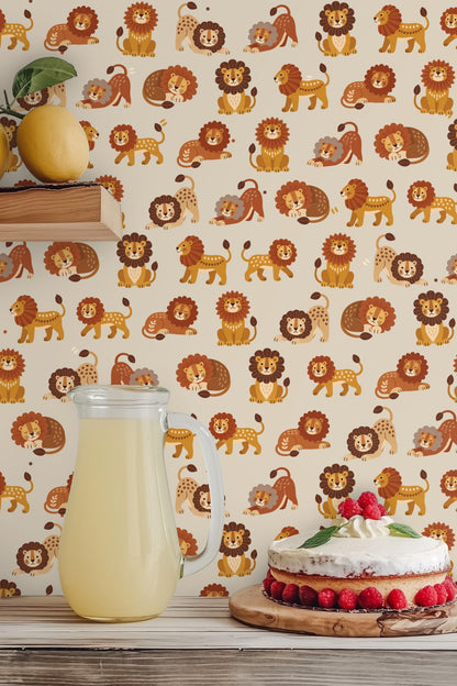 Calm sleeping lions depicted in warm earth tones forming a repeating pattern