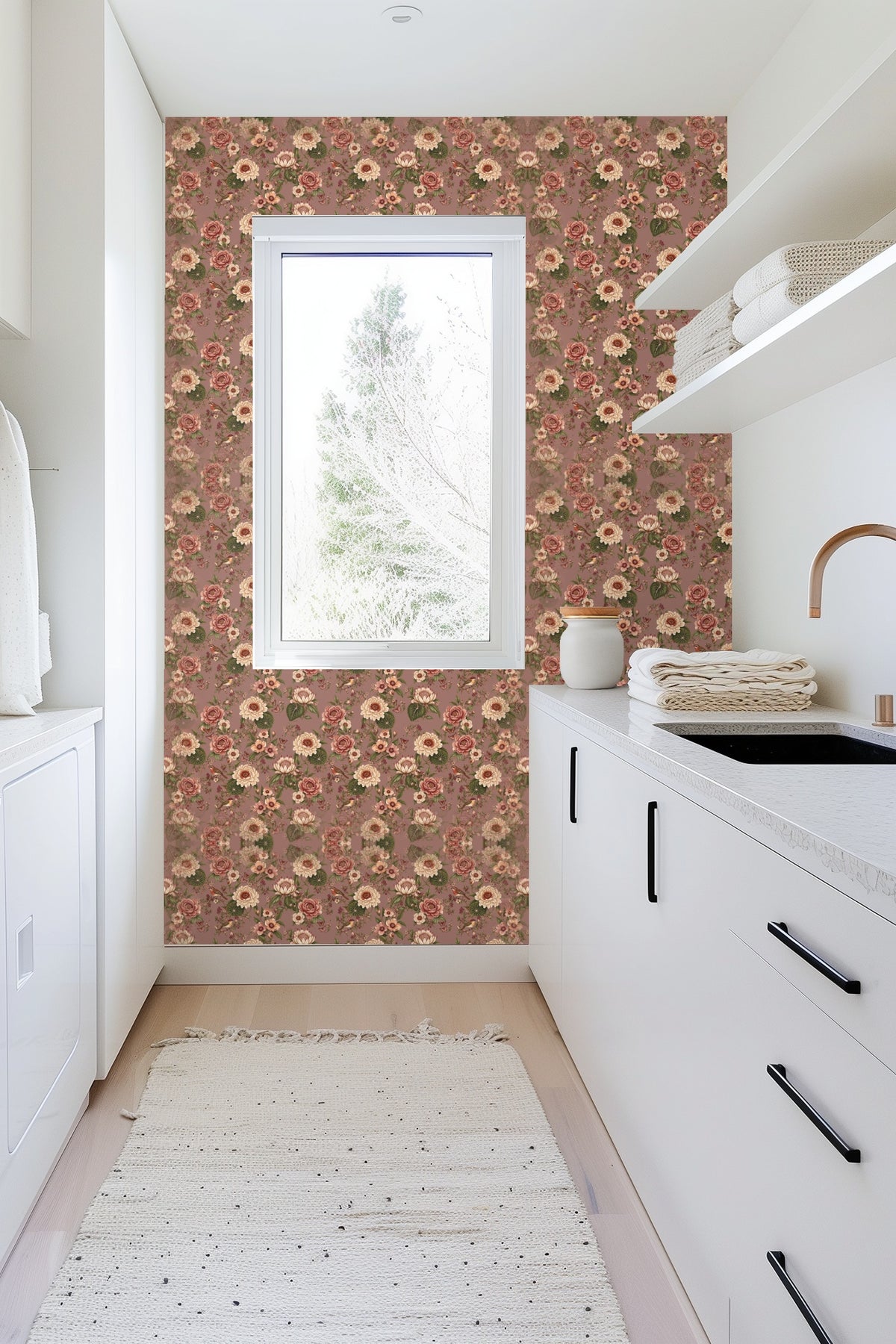 Decorative wall pocket lined with Autumn Reverie wallpaper, highlighting pattern scale and detail.