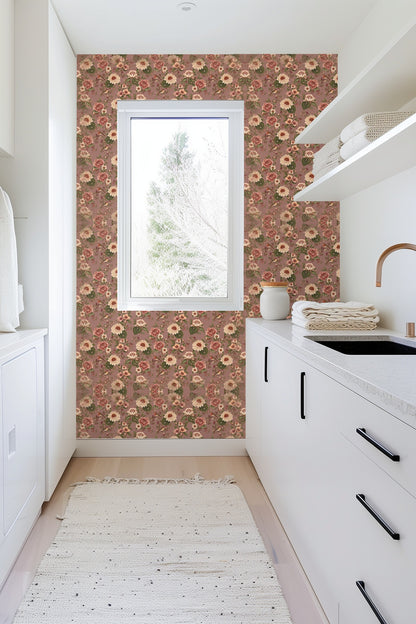 Decorative wall pocket lined with Autumn Reverie wallpaper, highlighting pattern scale and detail.