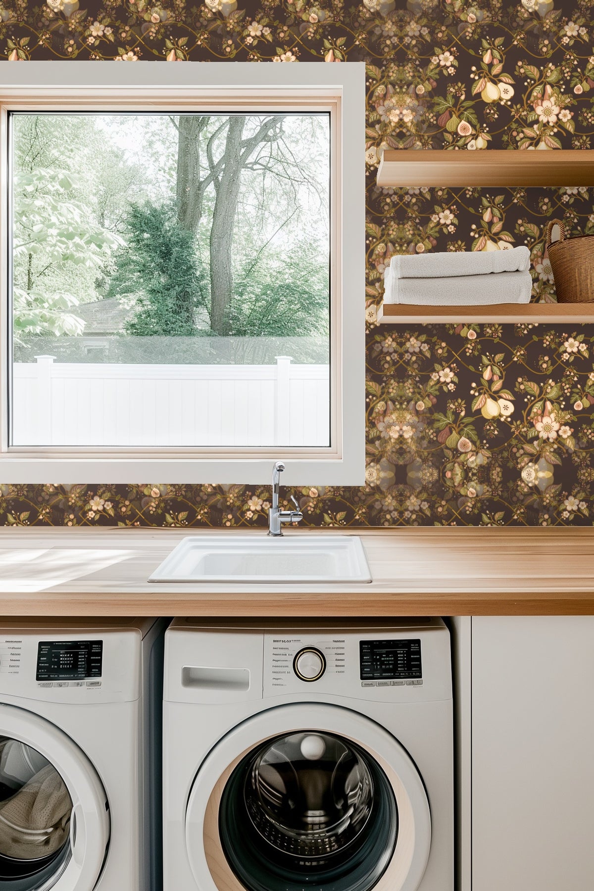 Close-up detail of Veridian Orchard wallpaper pattern behind a lit candle and vase with delicate flowers