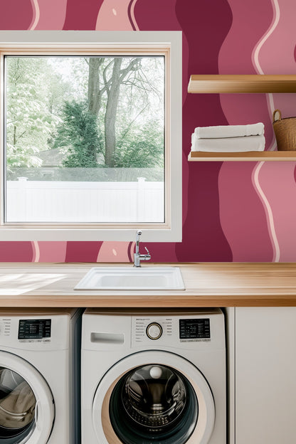 Detail of Rubella Flux wallpaper's fluid vertical stripes and minimalist motifs