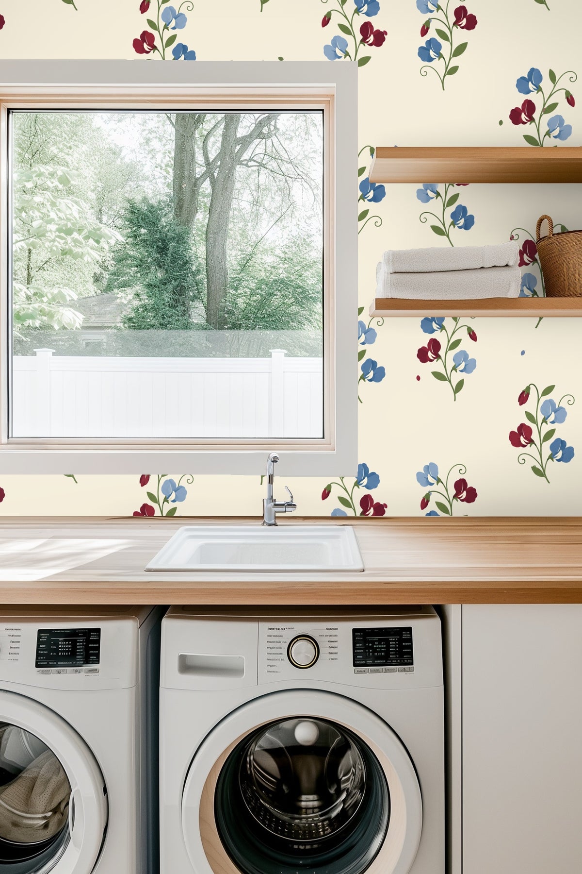 Natural light highlighting the floral details of Sweetpea Reverie wallpaper above a wooden side table.