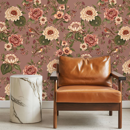 Bedroom installed view with the Rosewood Aviary wallpaper covering a vaulted wall behind a bed, creating a warm focal mural.