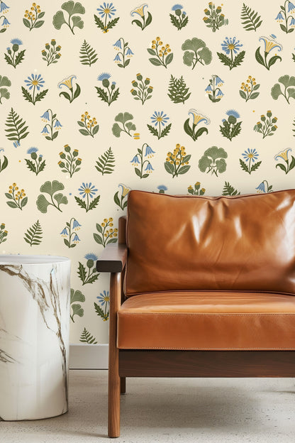 Serene bedroom with soft neutral tones decorated with Botanical Reverie Wallpaper showcasing elegant nature-inspired patterns