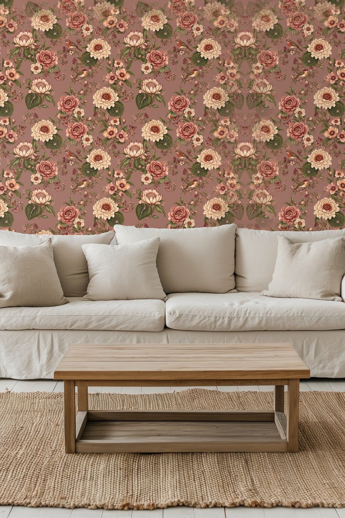 Entryway alcove wallpapered with Autumn Reverie floral design surrounding a round mirror over a wooden bench with neutral cushion and throw.