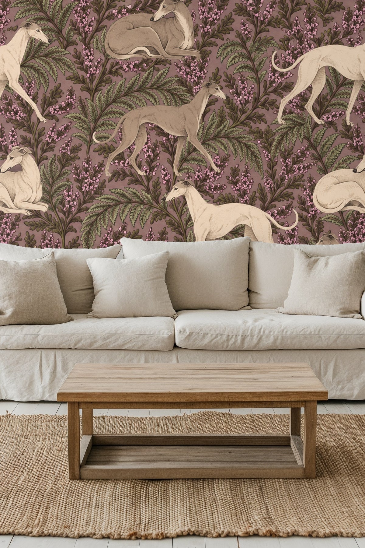 Room interior with Heather Hounds wallpaper behind a textured wood sideboard, framed art, and table lamp