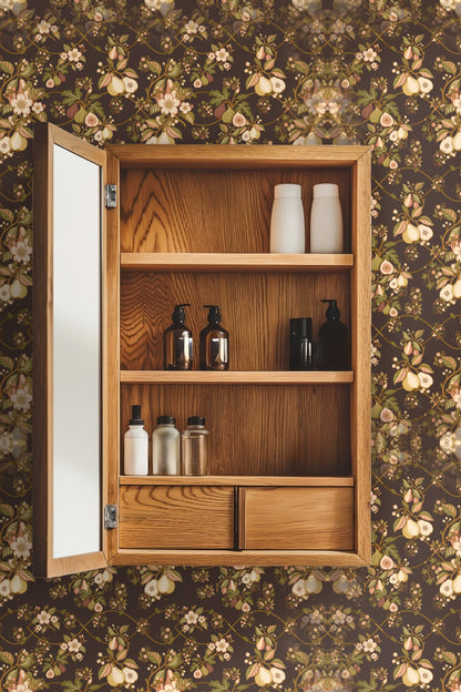 Veridian Orchard wallpaper pattern showing clustered fruit and flowers with tonal green leaves