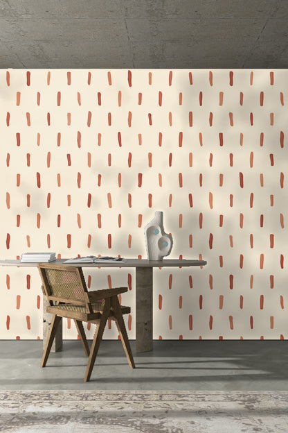Wallpaper detail with even vertical spacing of varied terracotta strokes on cream background.