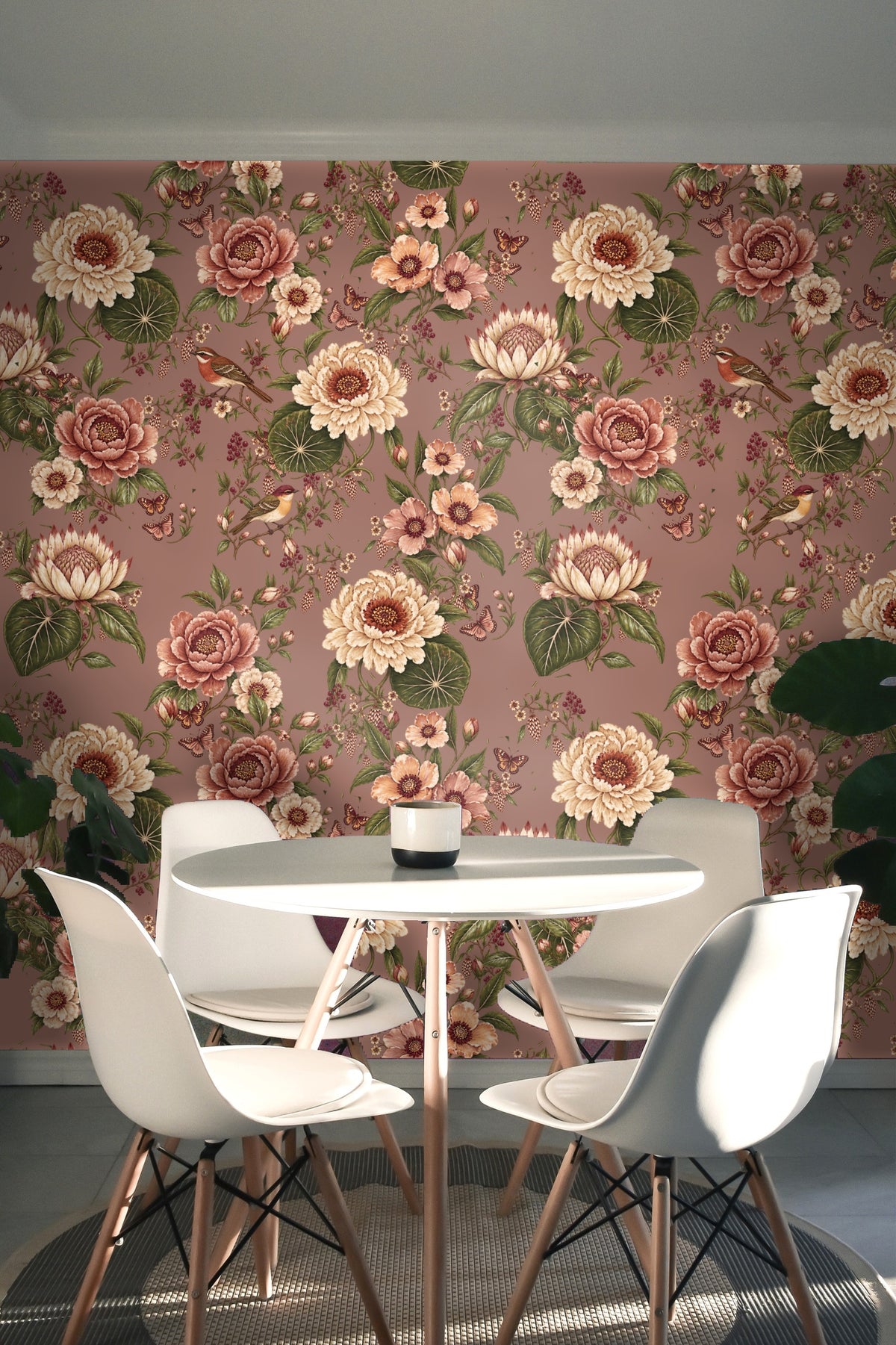 Corner installation with wallpaper and baseboard visible, demonstrating alignment of large blooms and leaves near floor level.