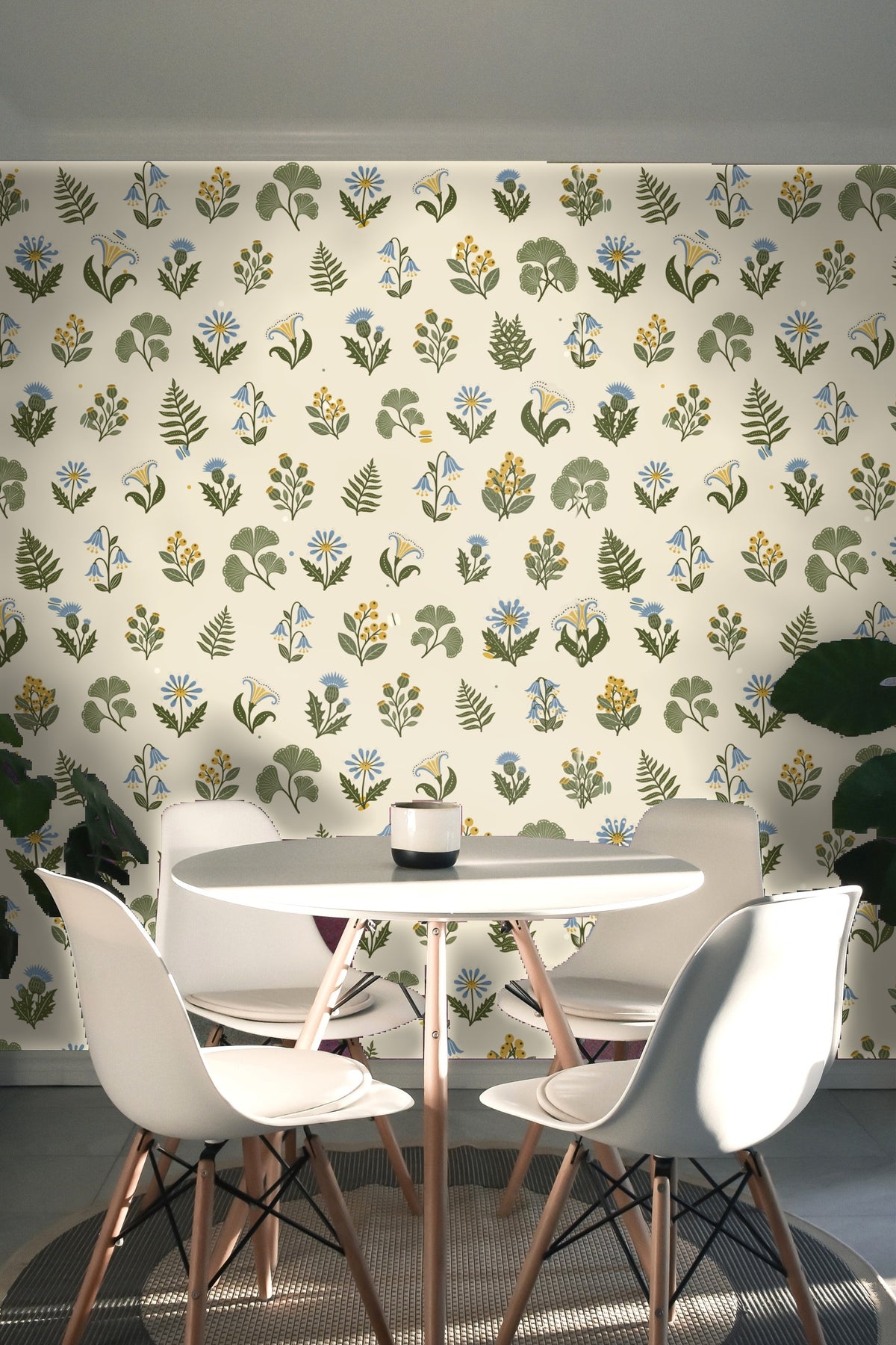 Light-filled bedroom scene with woven textures complementing botanical wallpaper
