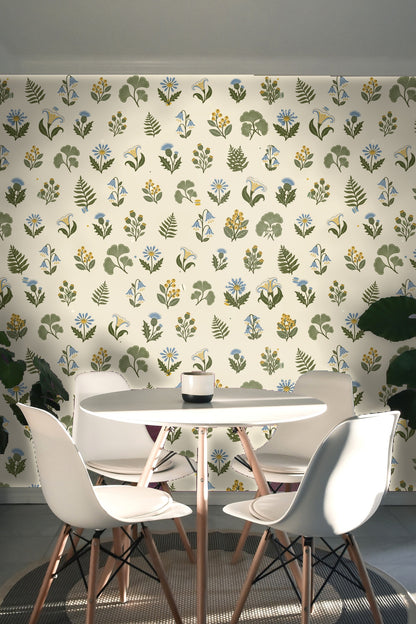 Light-filled bedroom scene with woven textures complementing botanical wallpaper