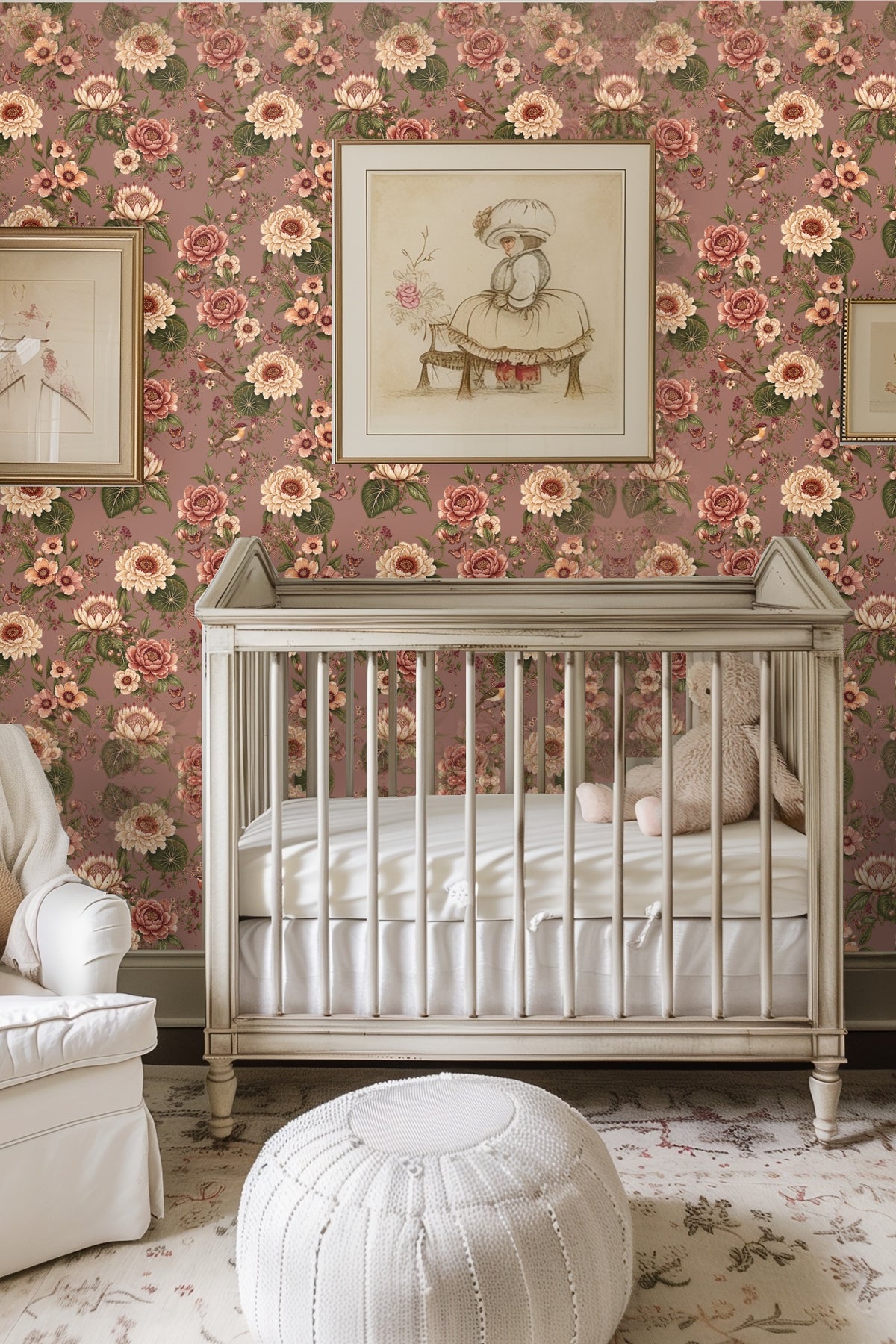 Close-up of intricate botanical motif with birds and flowers in muted earth tones on wallpaper.