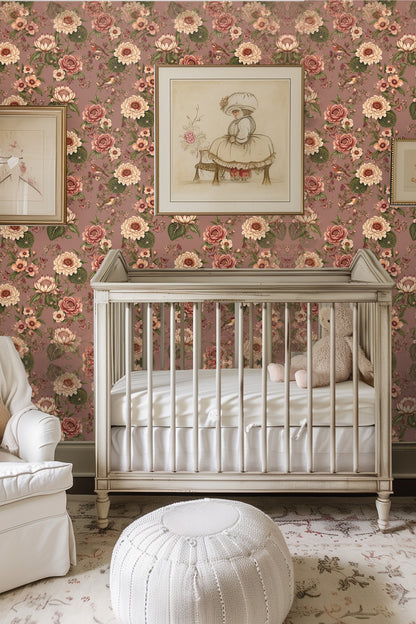 Close-up of intricate botanical motif with birds and flowers in muted earth tones on wallpaper.
