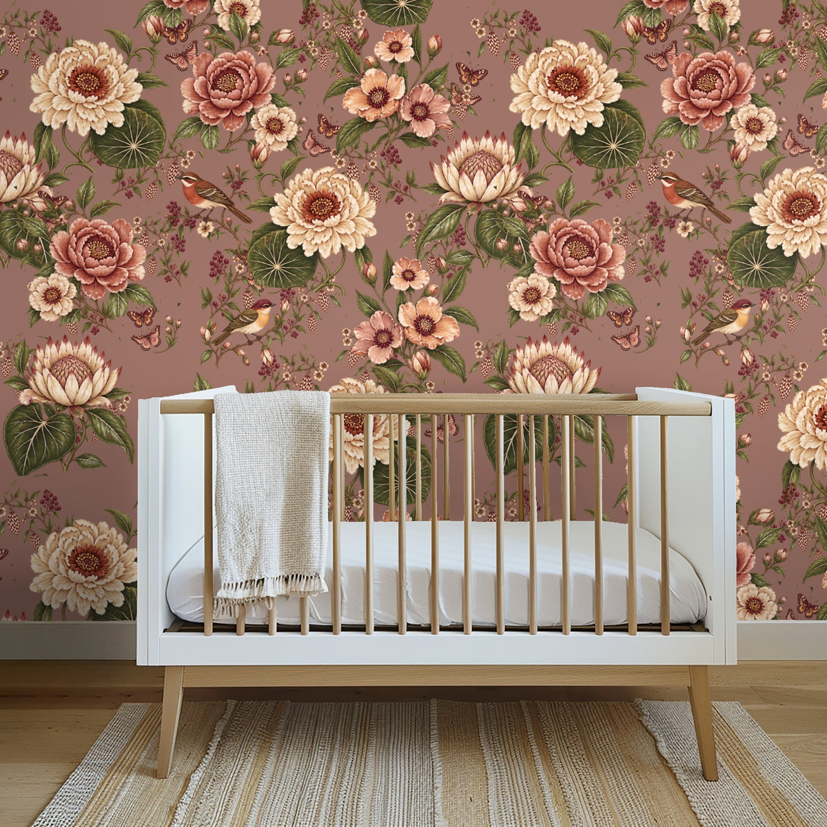 Living room vignette showing the wallpaper behind a leather chair and marble side table, pattern repeated in scale.