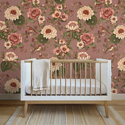 Living room vignette showing the wallpaper behind a leather chair and marble side table, pattern repeated in scale.