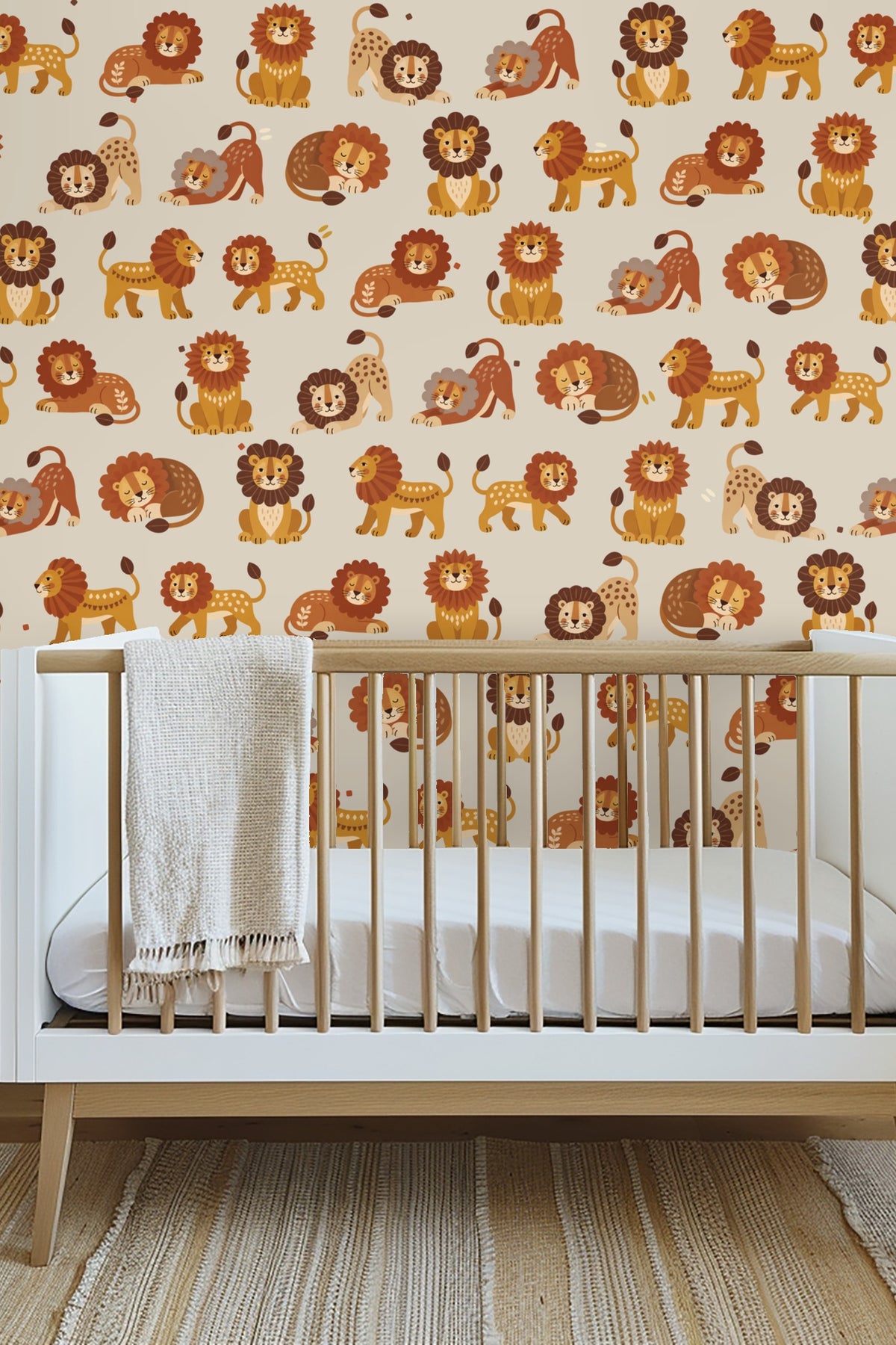 Pattern detail of a beige wallpaper featuring warm-toned lion illustrations in various poses