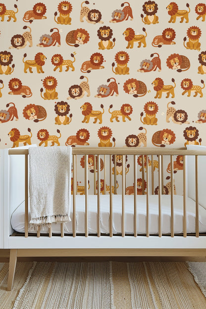 Pattern detail of a beige wallpaper featuring warm-toned lion illustrations in various poses
