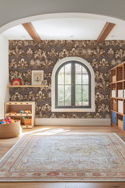 Section of wall with Marbled Echelon wallpaper and minimalistic decorative elements.