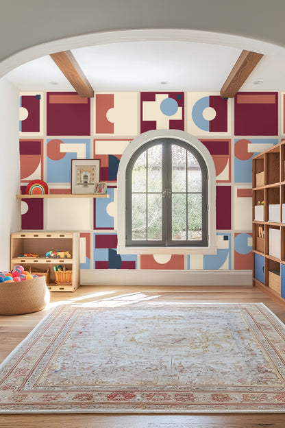 Wallpaper pattern displayed in natural light, emphasizing the matte texture and color depth of blues and reds.