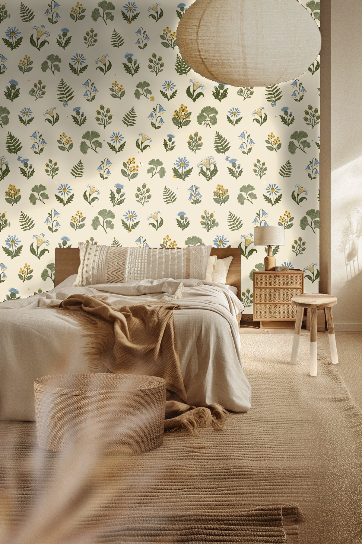 Children's bedroom with Botanical Reverie Wallpaper featuring delicate floral motifs and natural wood furniture