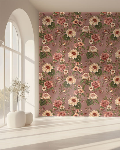 Flat repeat of the pattern showing spacing and rhythm of clustered floral groups and perched birds across the dusty rose background.