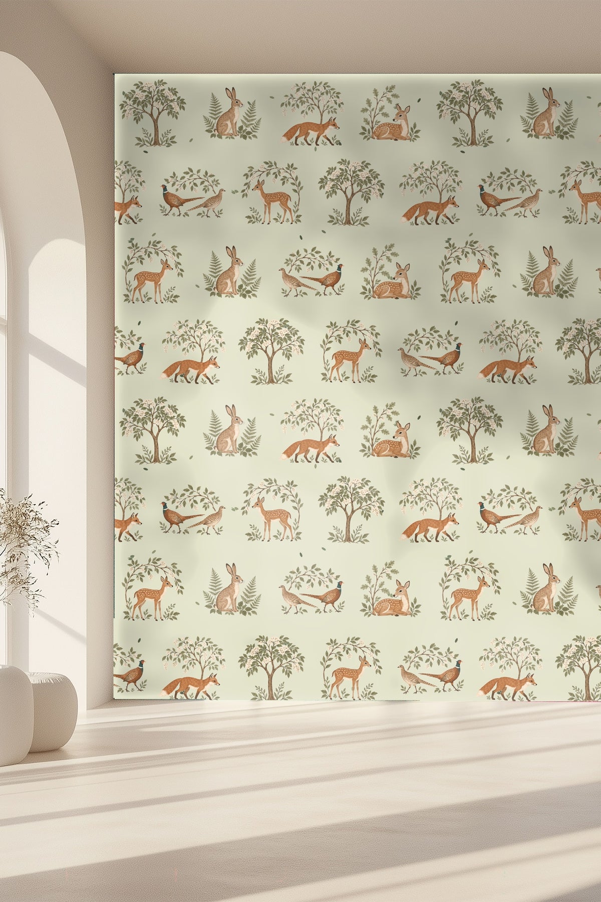 Detail of a brown fox walking amidst greenery on the wallpaper.