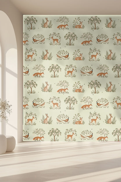 Detail of a brown fox walking amidst greenery on the wallpaper.
