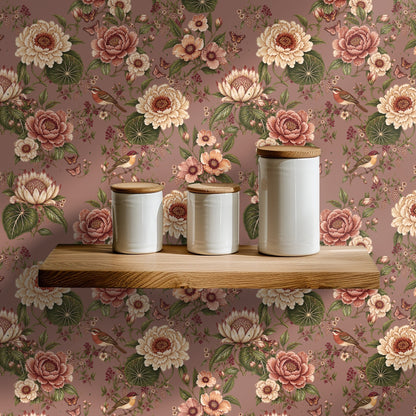 Sunlit arched interior with the wallpaper applied to a tall feature wall, emphasizing the design's vertical repeat.