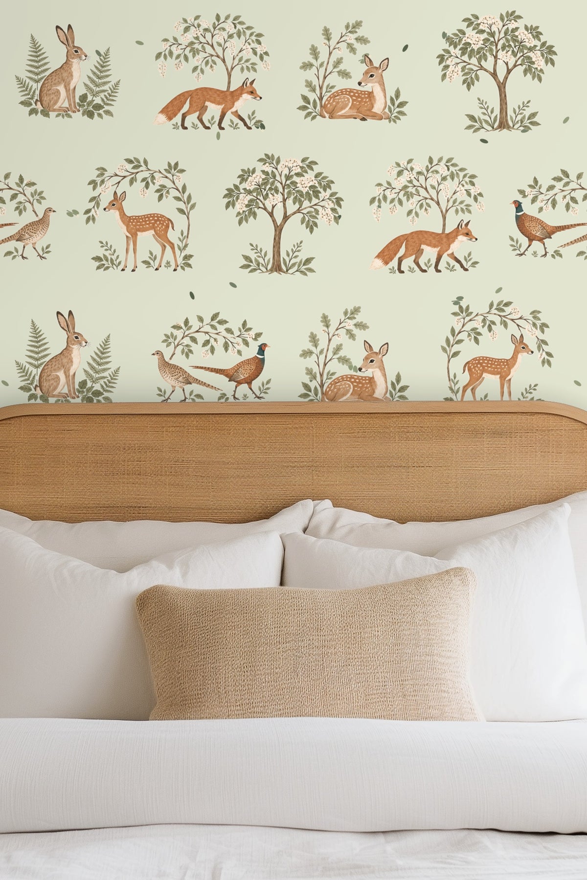 Detailed close-up of wallpaper showing fawn, fox, rabbit, pheasant, trees, and leaves on sage background.