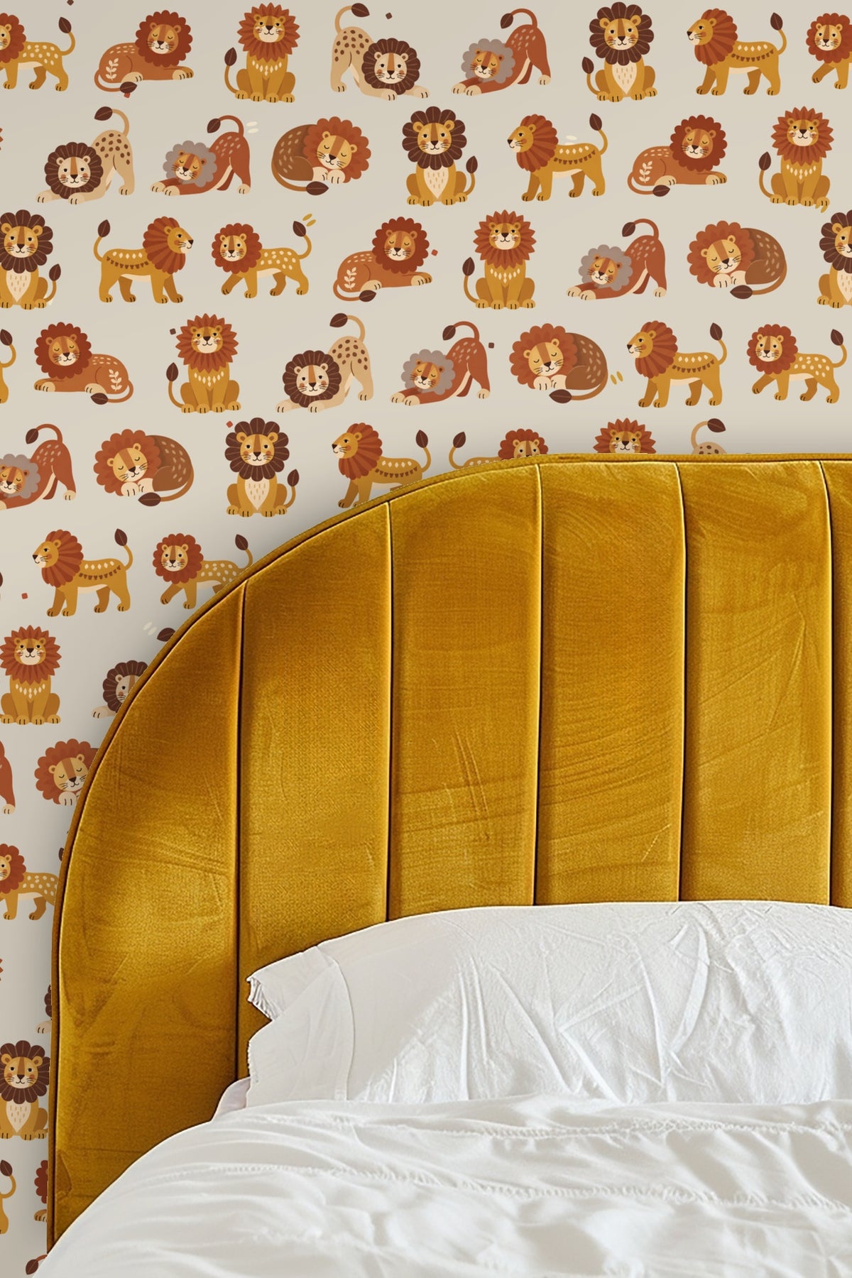 Entryway niche lined with Savanna Reverie Wallpaper showcasing the lion motif surrounding a round mirror