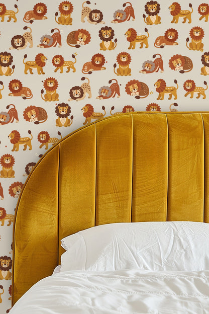 Entryway niche lined with Savanna Reverie Wallpaper showcasing the lion motif surrounding a round mirror