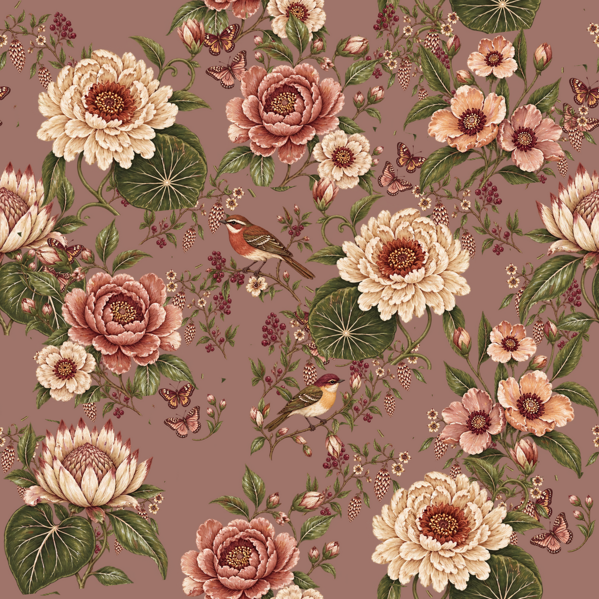 Gallery view of the repeat tile displayed in a mock room setting, showing overall color balance and motif spacing.