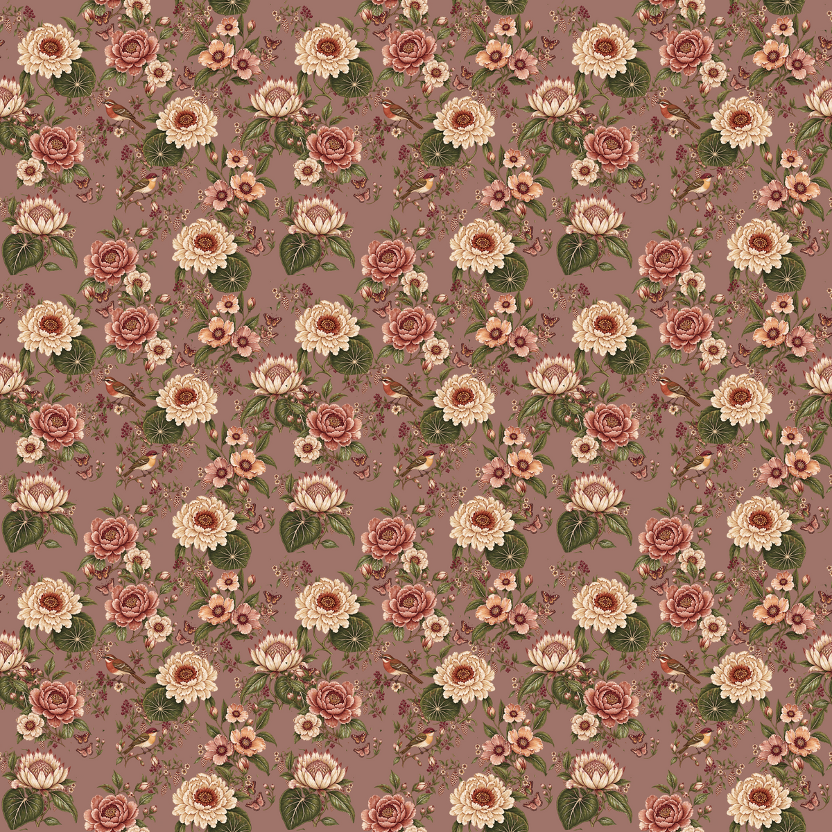 Close-up shot focusing on leaf and petal textures within the floral wallpaper design.