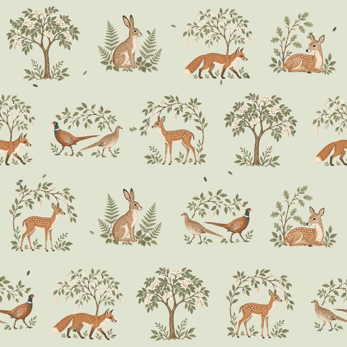 Section showing clustered leaves and delicate blossoms under soft lighting on wallpaper.