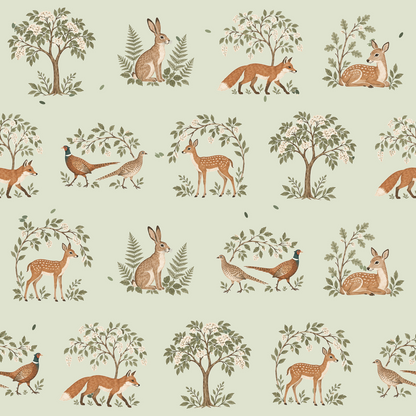Section showing clustered leaves and delicate blossoms under soft lighting on wallpaper.
