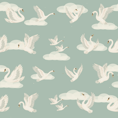 Swans wallpaper section lit by soft daylight, showing texture and color nuances