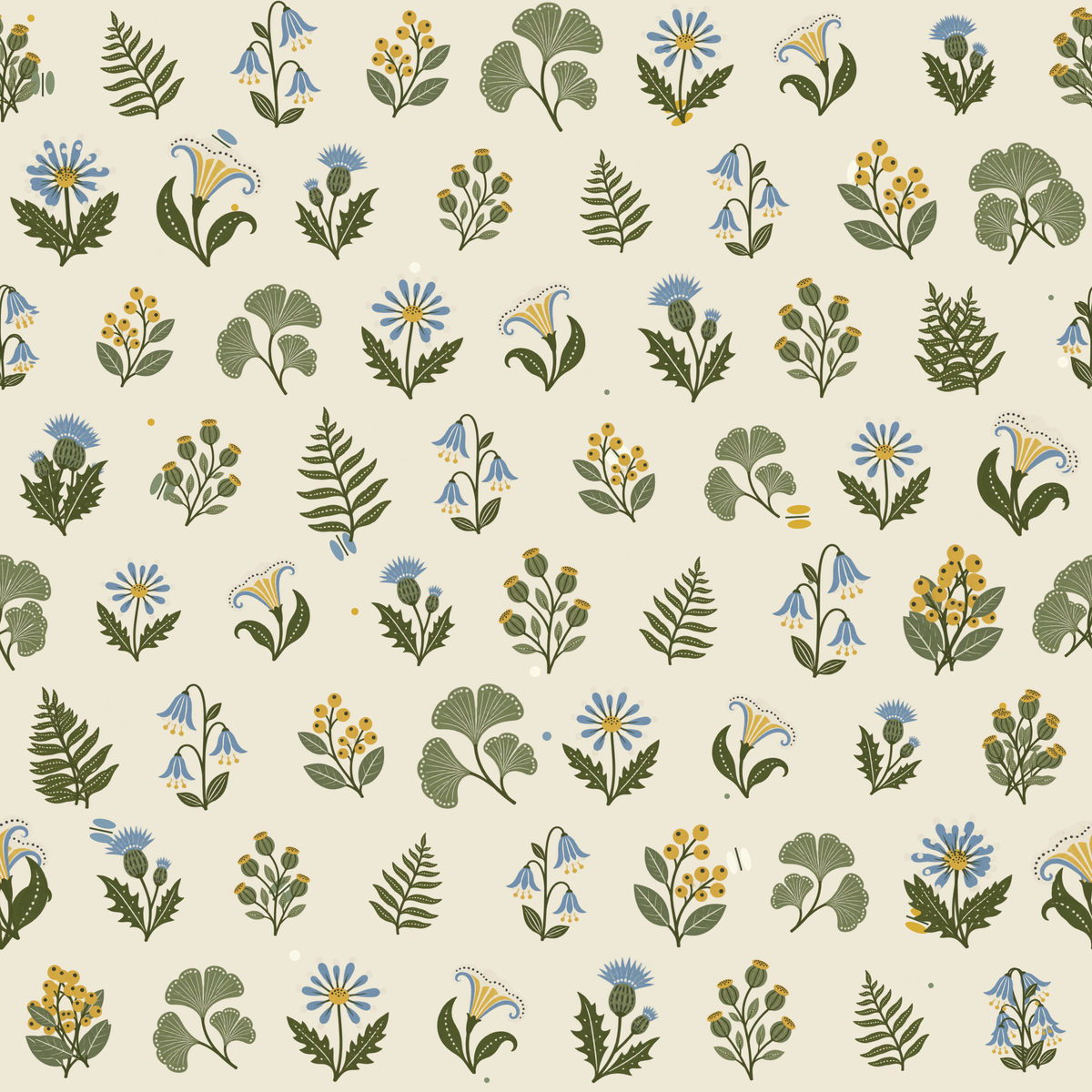 Natural fiber basket and cozy textiles paired with floral wallpaper in a child's room
