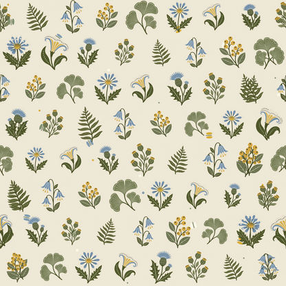 Natural fiber basket and cozy textiles paired with floral wallpaper in a child's room