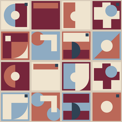 Detailed shot of interlocking geometric forms and circles, illustrating the balance of warm and cool colors in the wallpaper pattern.