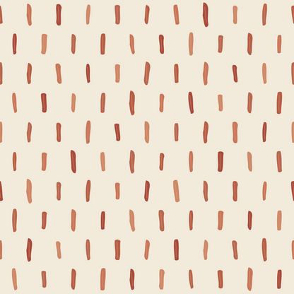 Room interior with accent wall decked in terracotta strokes wallpaper and minimalistic furnishings.