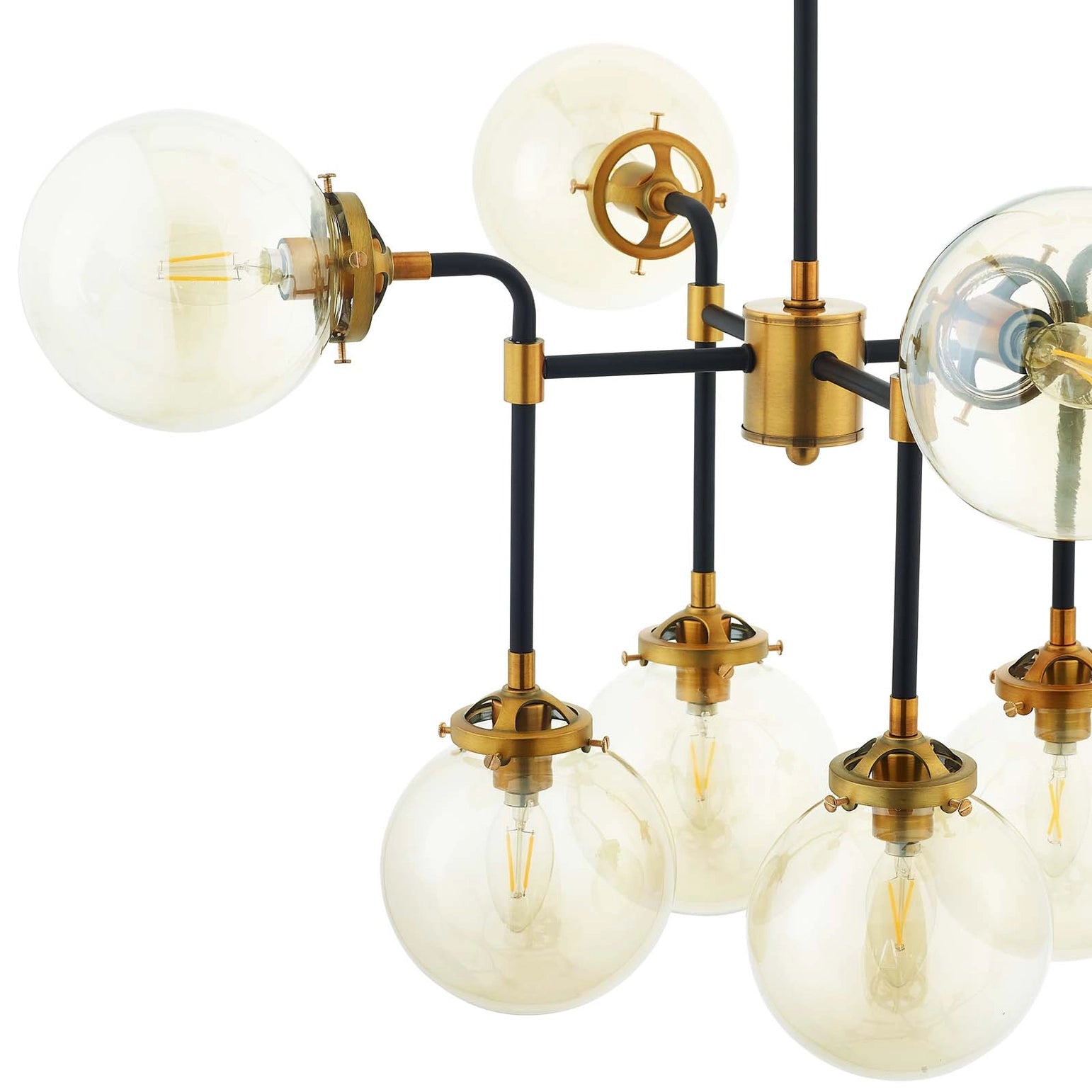 Antique Horizon Chandelier side view, warm amber glass ceiling light