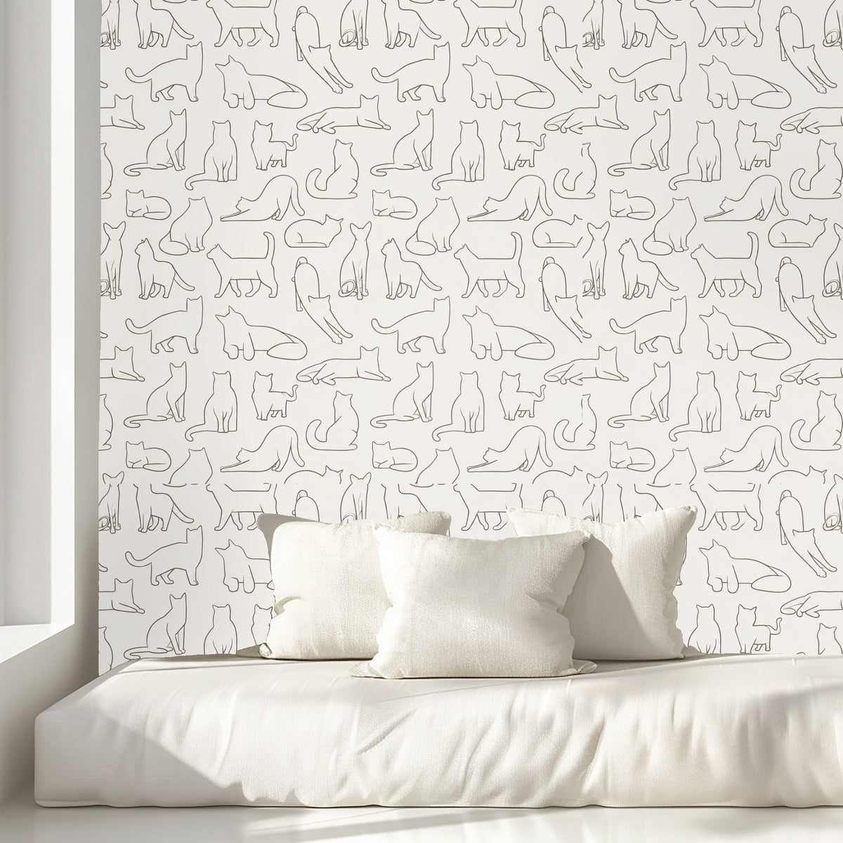 Bedroom headboard framed by Contour Catwalk wallpaper on a soft cream ground